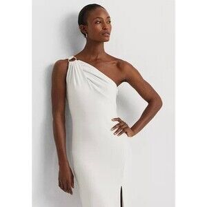 Lauren Ralph Lauren White One shoulder dress size 8, goddess NWT gold hardware